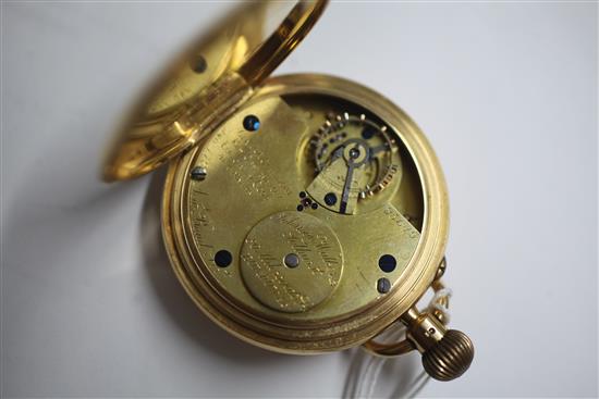 An 18ct gold half hunter keyless lever pocket watch, by Johnson Walker and Tolhurst, Class A Kew Certificate,